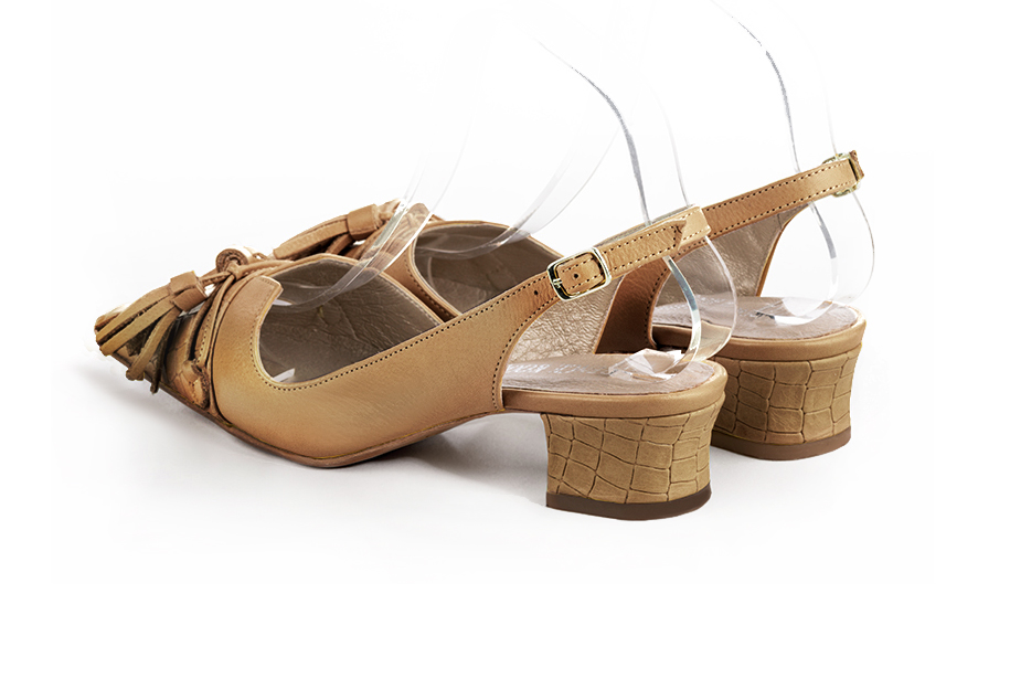 Camel beige women's open back shoes, with a knot. Tapered toe. Low kitten heels. Rear view - Florence KOOIJMAN